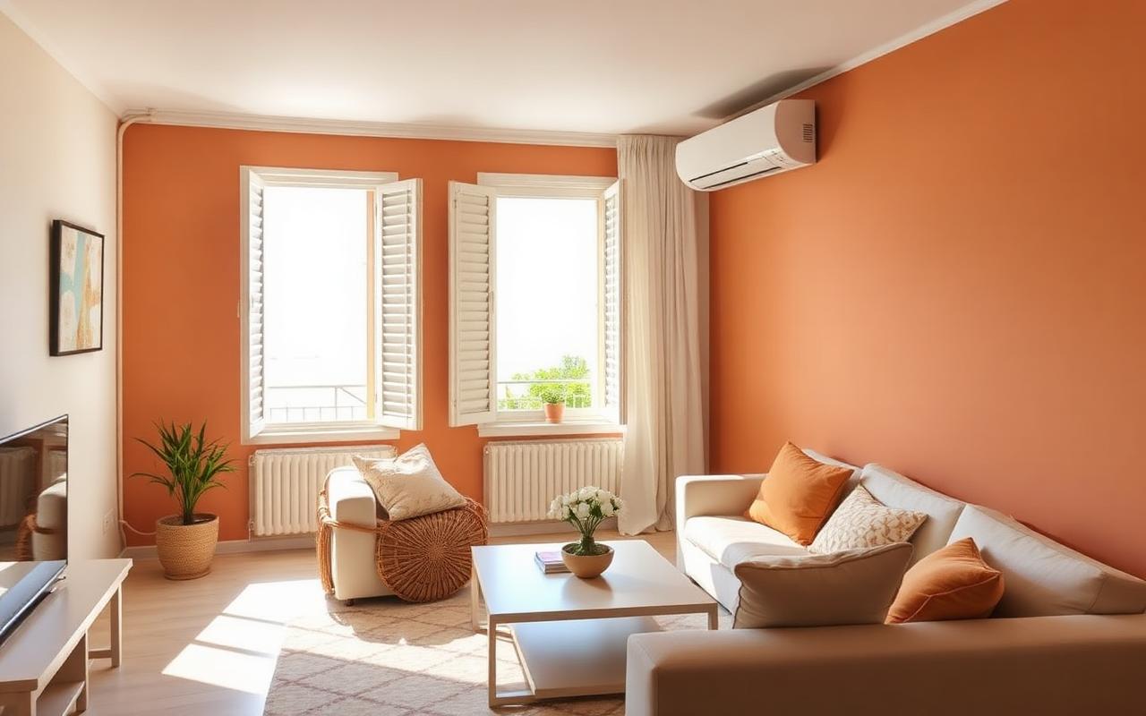 Cooled Italian apartment living room with a wall unit running in summer